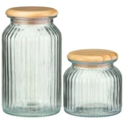 B&M Small Ribbed Glass Jar With Wooden Lid -Kitchen Style Deals Store 394426 394427 ribbed glass jar with wooden lid group 1