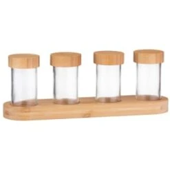 Kitchen Style Deals Store 27 B&M Set Of 4 Glass Spice Jars With Bamboo Wood Base